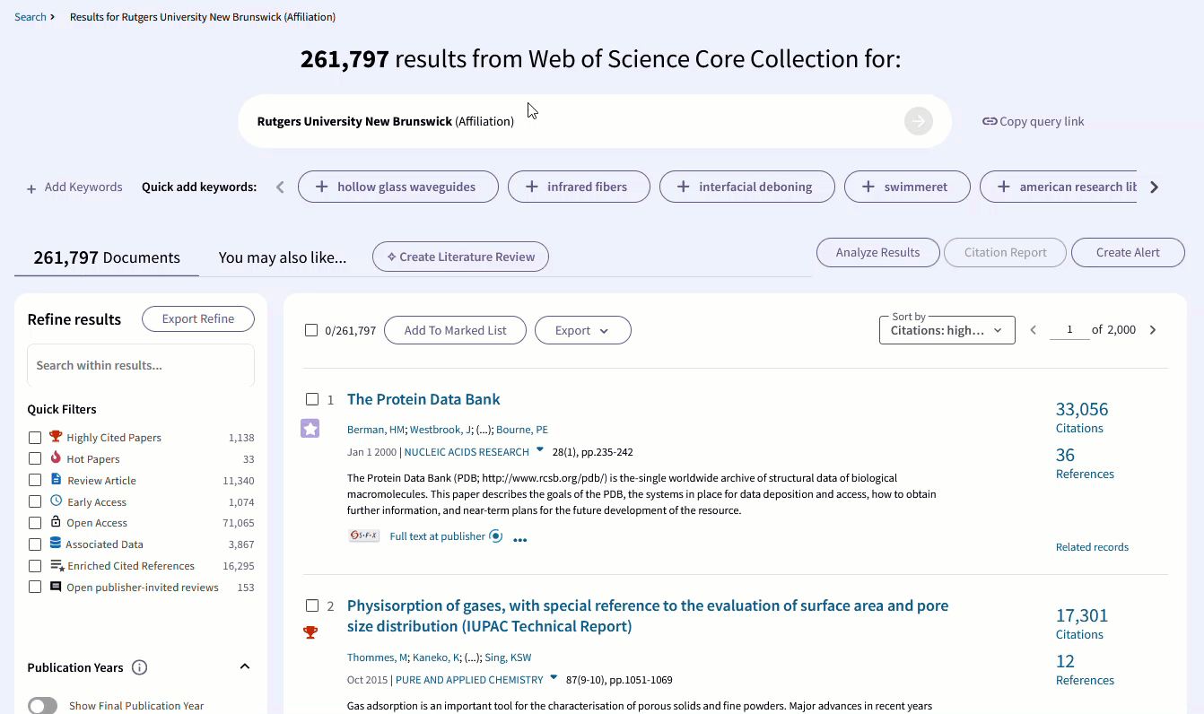 Animation showing how to run Analyze Results in Web of Science