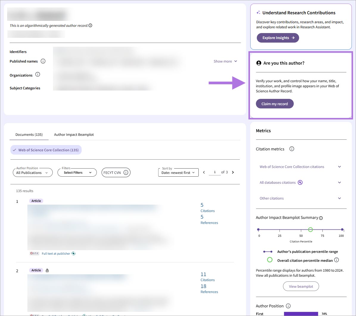 author profile page with "claim my record" option on the right-side navigation 